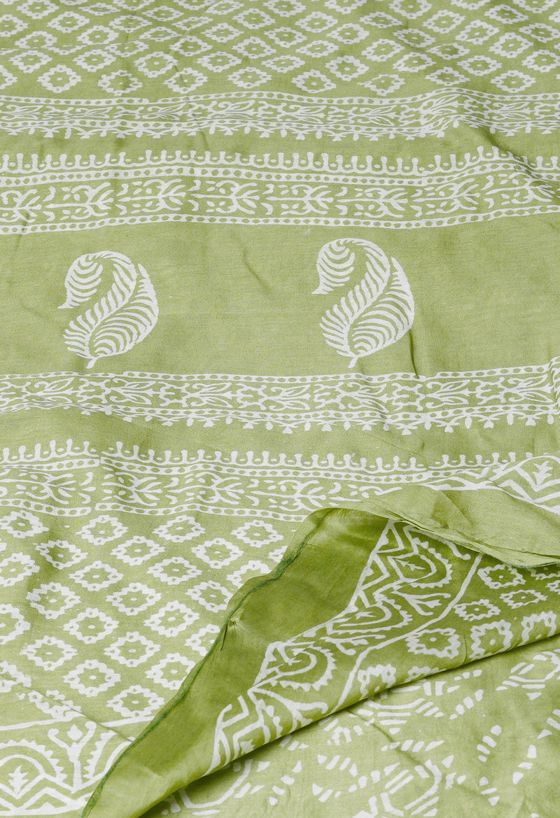 Pale Green Pure  Block Printed Chanderi Sico Saree-UNM70015