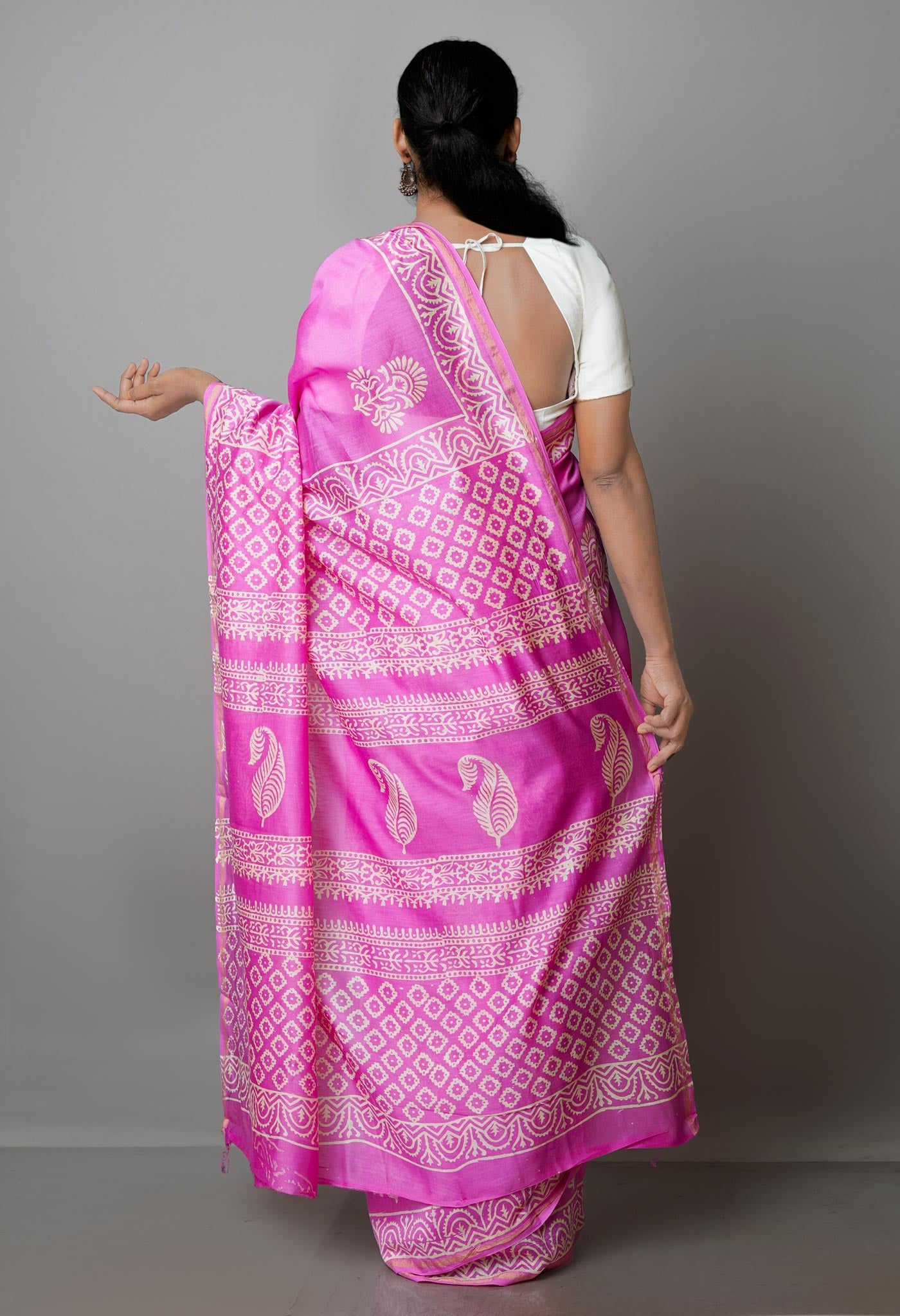 Pink Pure  Block Printed Chanderi Sico Saree-UNM70017