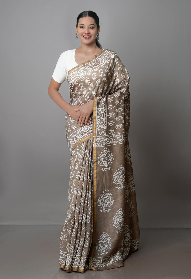 Pale Brown Pure  Block Printed Chanderi Sico Saree-UNM70018