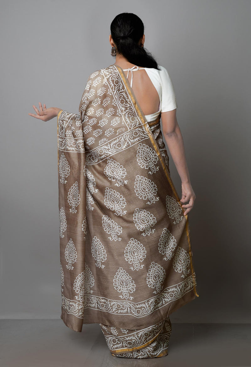 Pale Brown Pure  Block Printed Chanderi Sico Saree-UNM70018