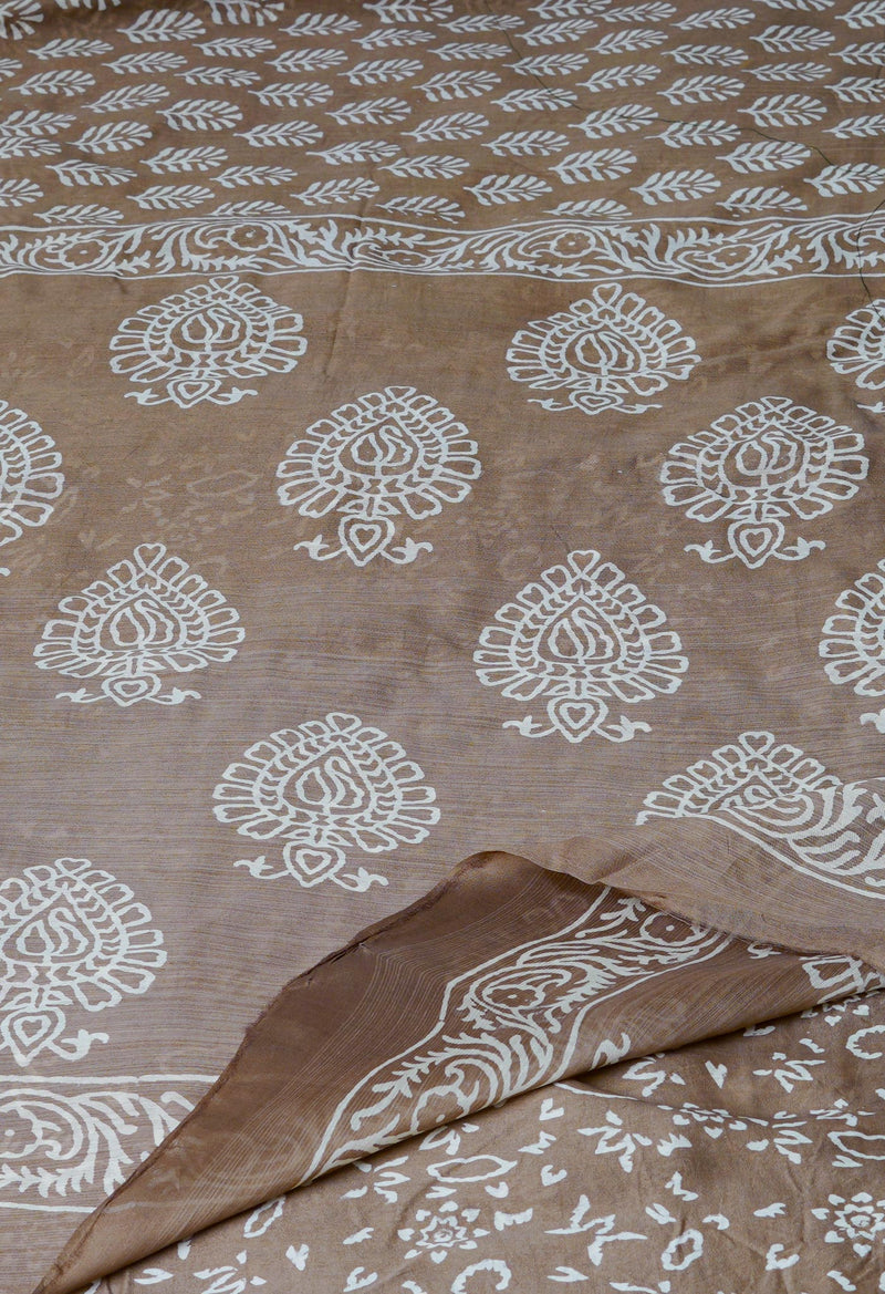Pale Brown Pure  Block Printed Chanderi Sico Saree-UNM70018