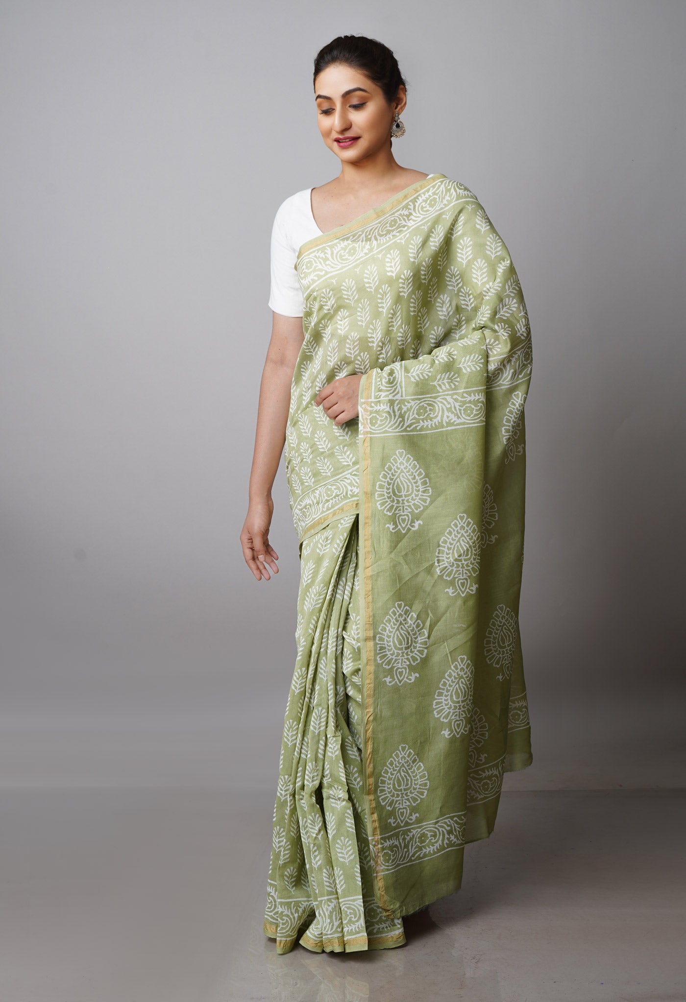 Pale Green Pure  Block Printed Chanderi Sico Saree-UNM70020