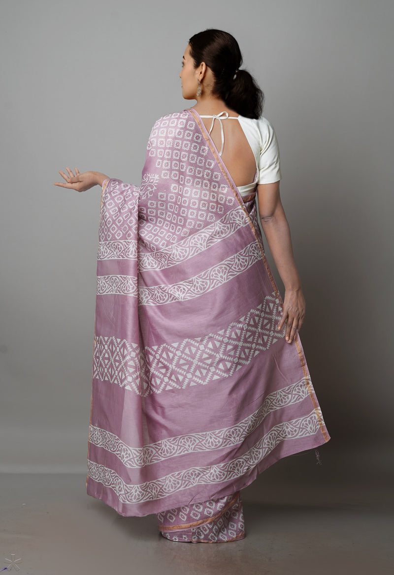 Pale Pink Pure  Block Printed Chanderi Sico Saree-UNM70021