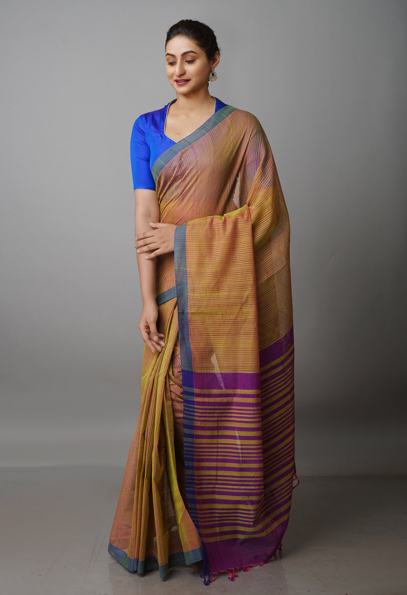 Green-Pink Pure  Handloom Mangalagiri Cotton Saree-UNM70030