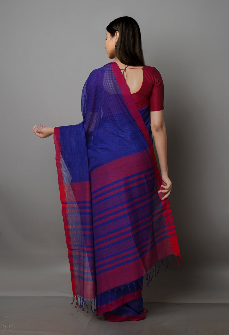 Dark Blue Pure  Handloom Mangalagiri Cotton Saree-UNM70035