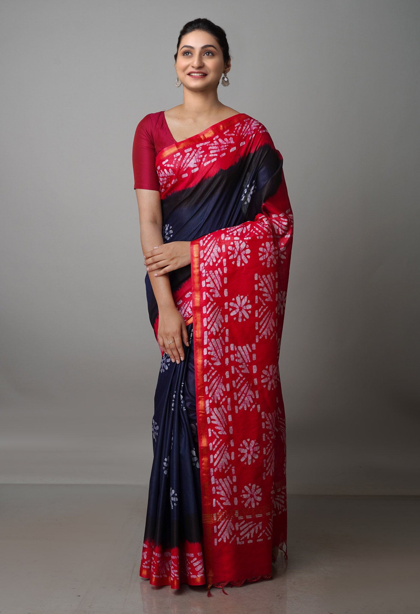 Navy Blue-Pink Pure  Batik Chanderi Silk Saree-UNM70040