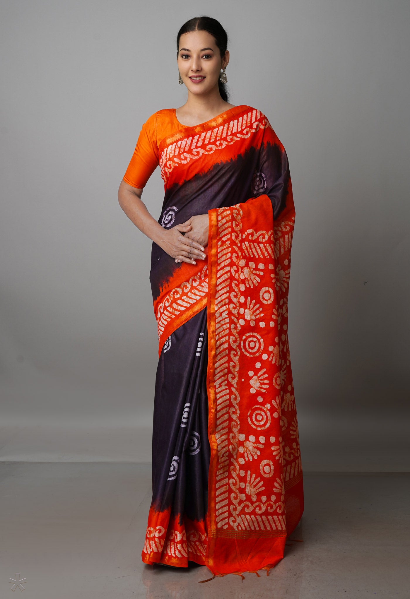 Black-Orange Pure  Batik Chanderi Silk Saree-UNM70041
