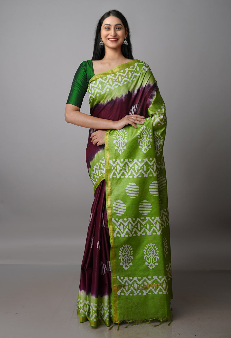 Wine Red-Green Pure  Batik Chanderi Silk Saree-UNM70042
