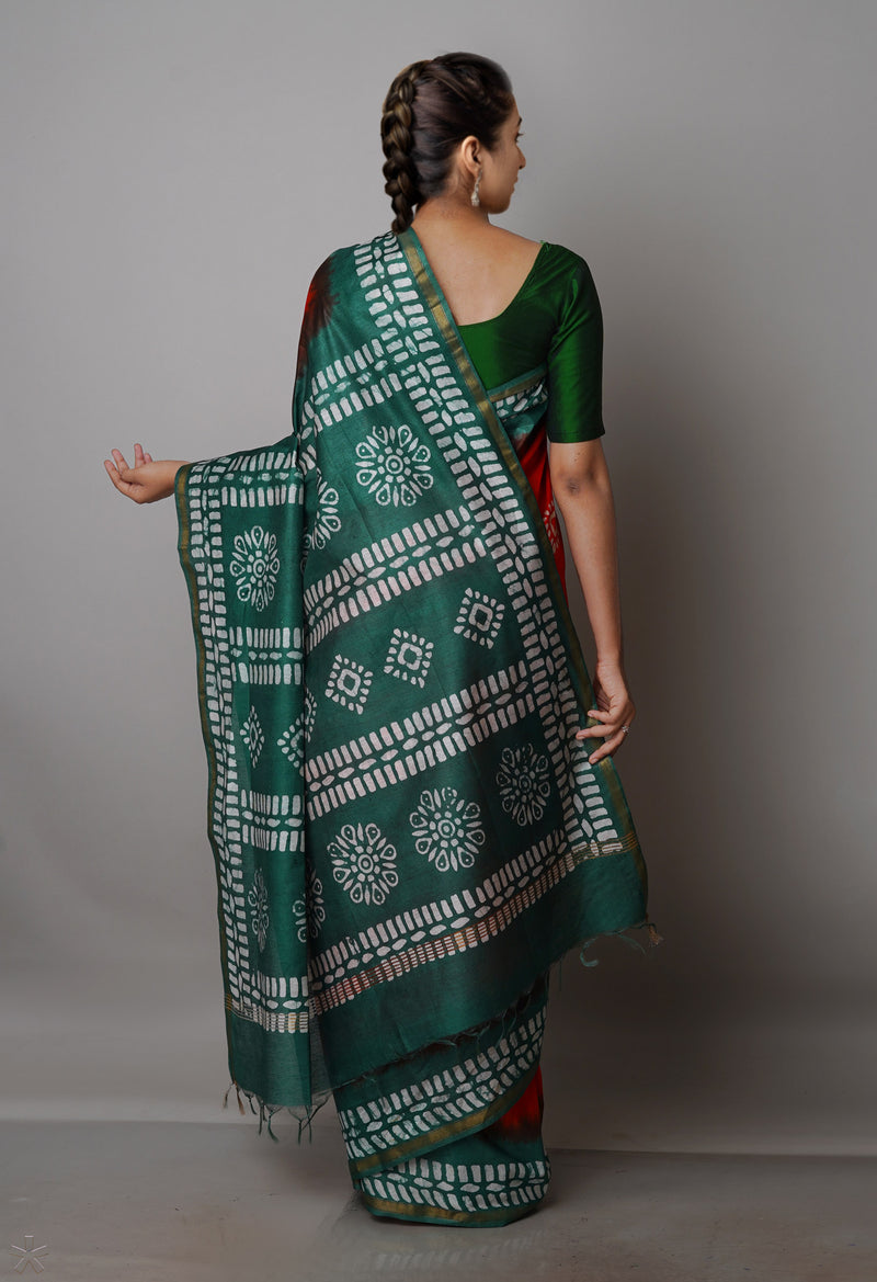 OrangeDark Green Pure  Batik Chanderi Silk Saree-UNM70045