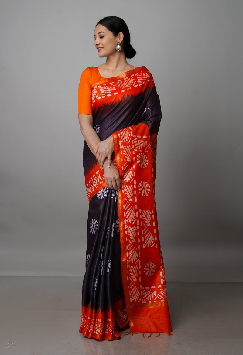 Black-Orange Pure  Batik Chanderi Silk Saree-UNM70048