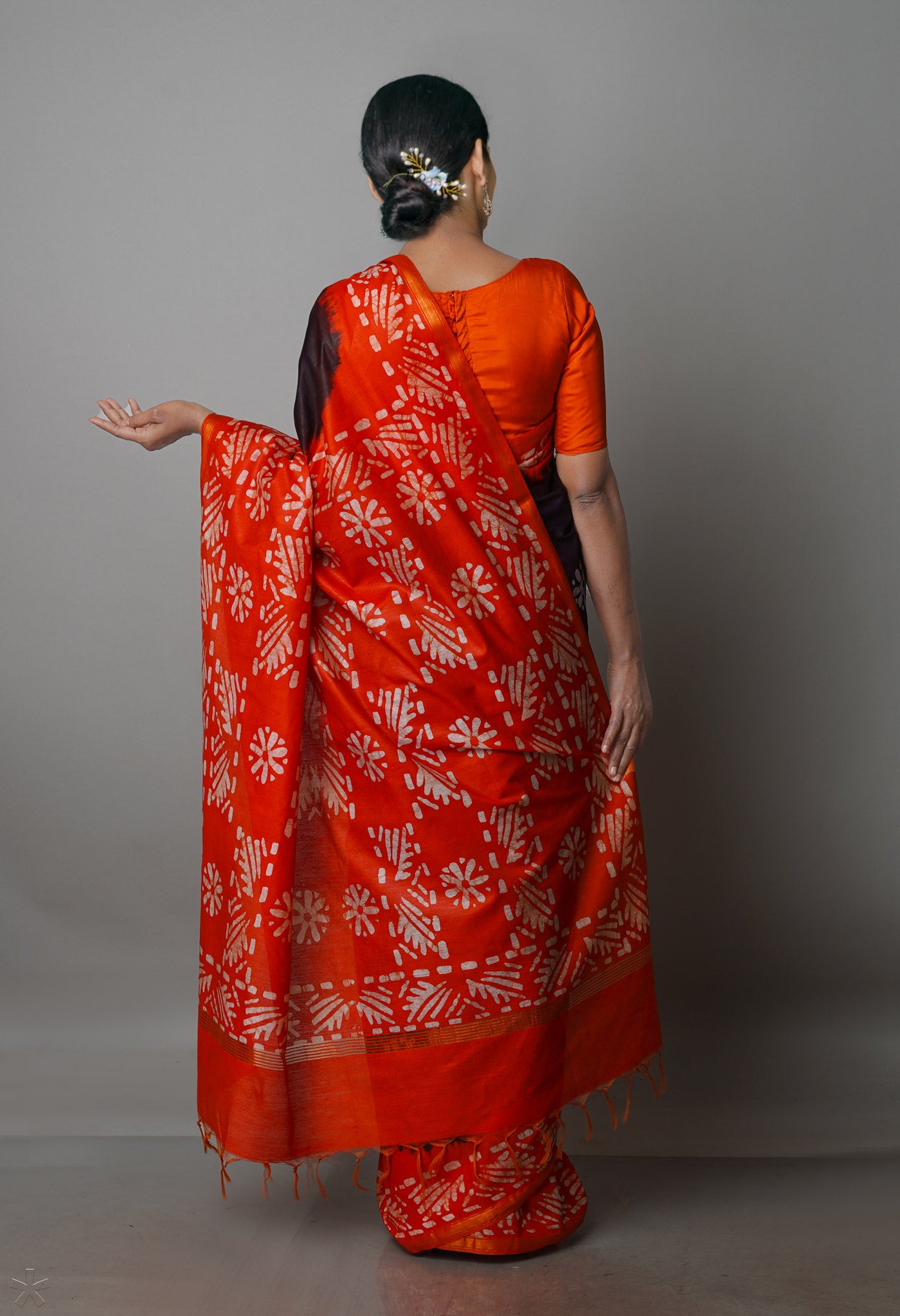 Black-Orange Pure  Batik Chanderi Silk Saree-UNM70048