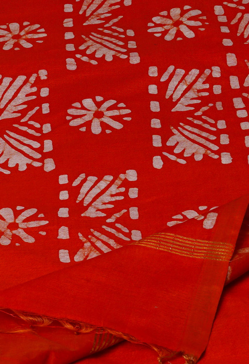 Black-Orange Pure  Batik Chanderi Silk Saree-UNM70048
