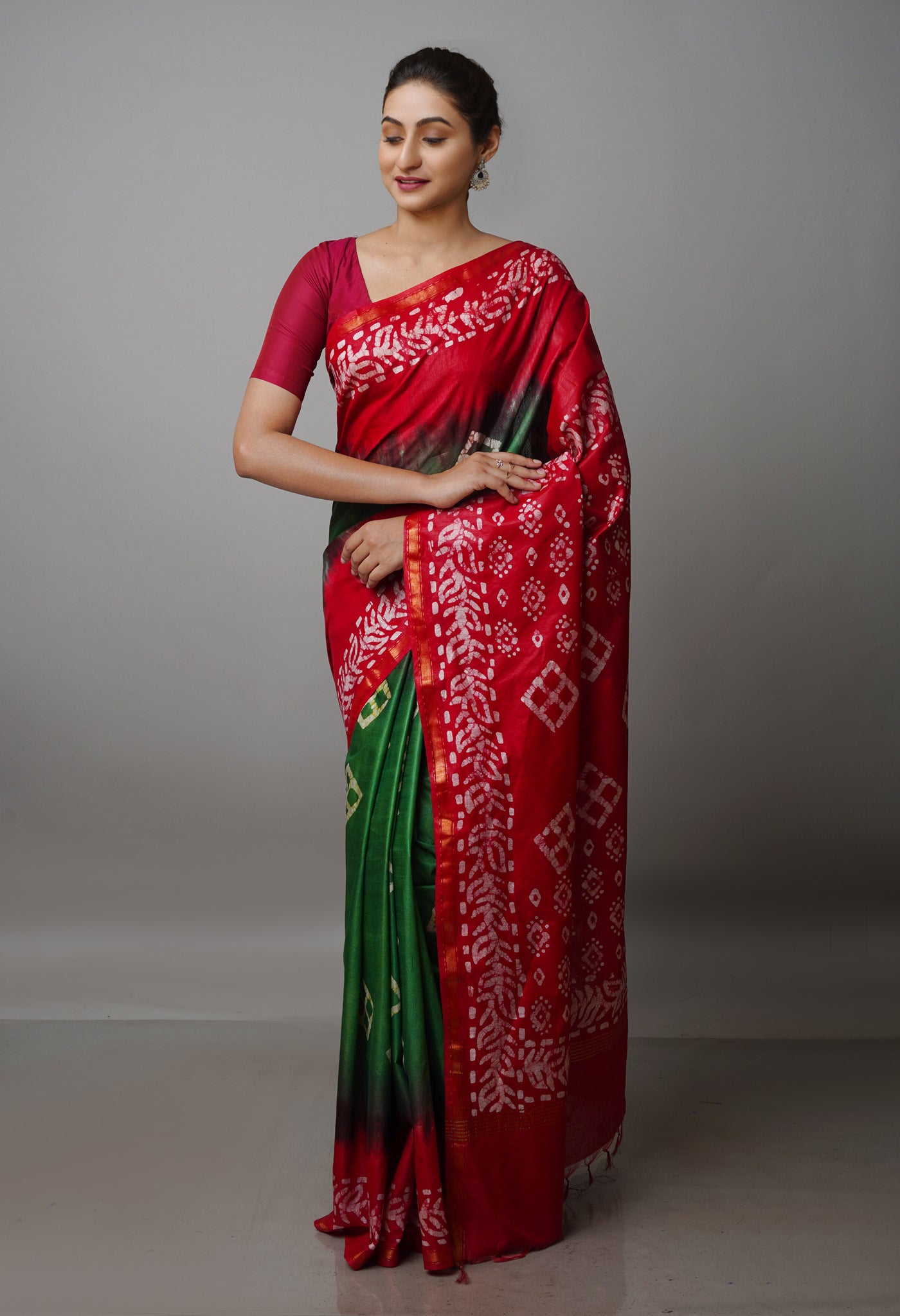 Green-Red Pure  Batik Chanderi Silk Saree-UNM70051