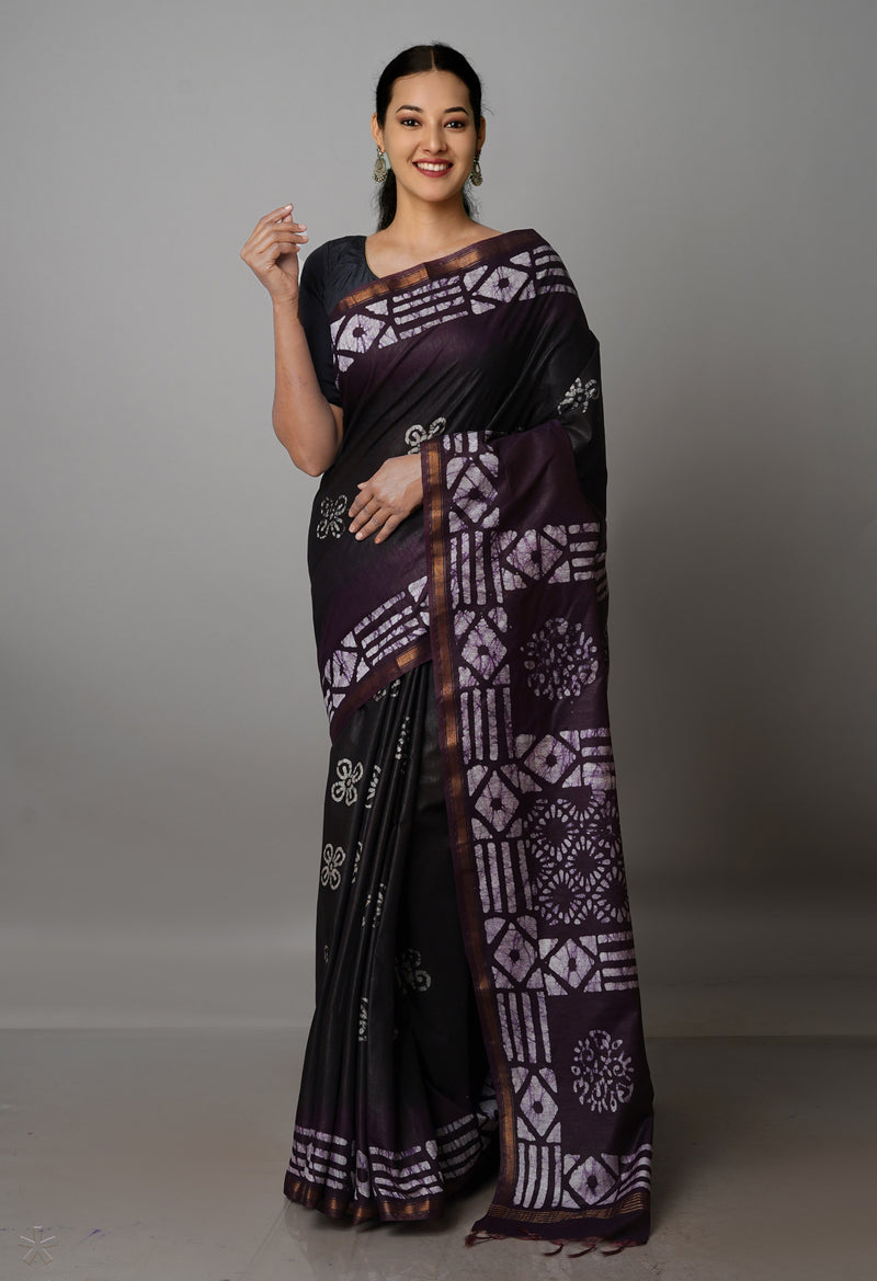 BlackDark Purple Pure  Batik Chanderi Silk Saree-UNM70061