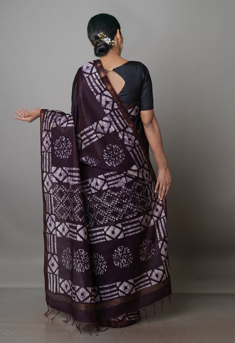 BlackDark Purple Pure  Batik Chanderi Silk Saree-UNM70061