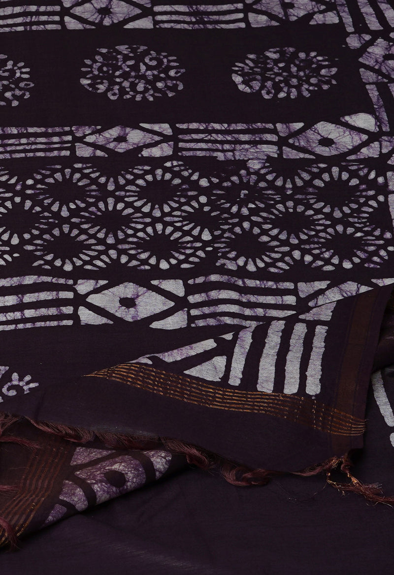 BlackDark Purple Pure  Batik Chanderi Silk Saree-UNM70061