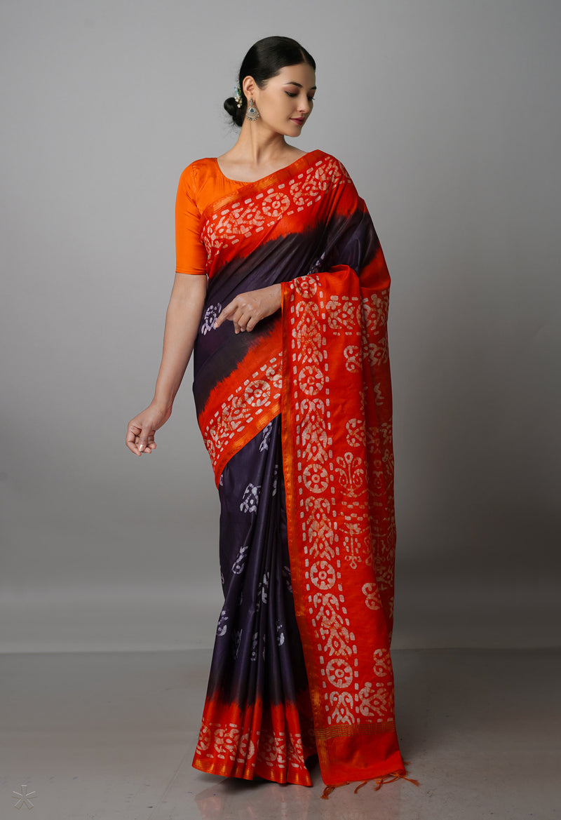 Black-Orange Pure  Batik Chanderi Silk Saree-UNM70064