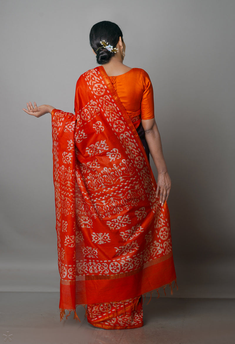 Black-Orange Pure  Batik Chanderi Silk Saree-UNM70064