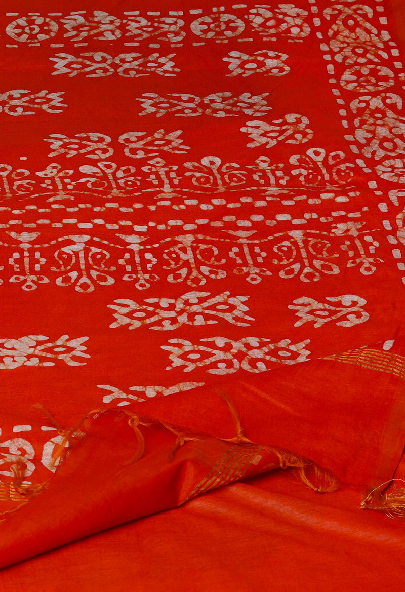 Black-Orange Pure  Batik Chanderi Silk Saree-UNM70064
