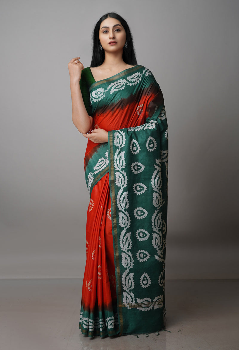 OrangeDark Green Pure  Batik Chanderi Silk Saree-UNM70066