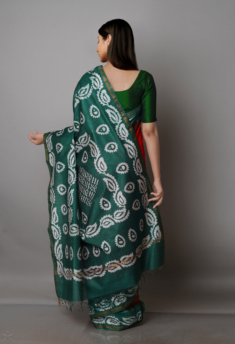 OrangeDark Green Pure  Batik Chanderi Silk Saree-UNM70066