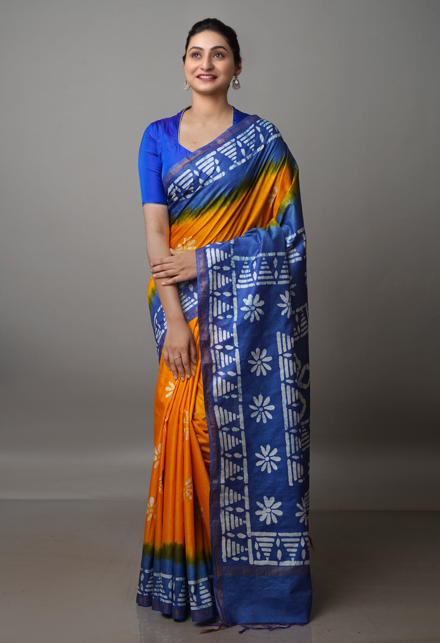 YellowSky Blue Pure  Batik Chanderi Silk Saree-UNM70069