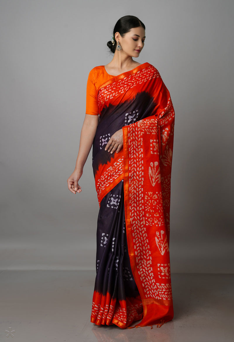 Black-Orange Pure  Batik Chanderi Silk Saree-UNM70070