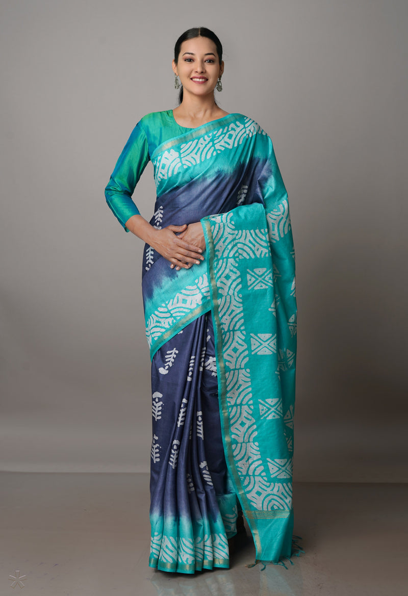 Dark GreySea Green Pure  Batik Chanderi Silk Saree-UNM70073