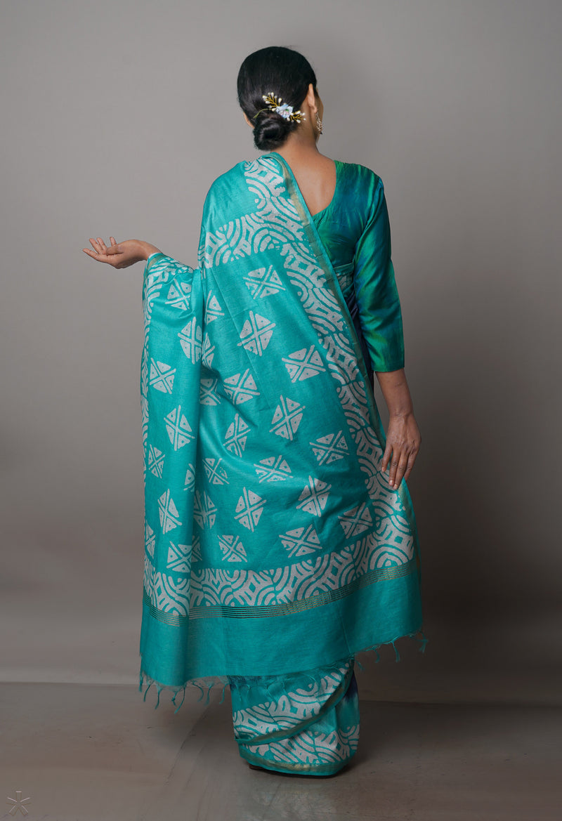 Dark GreySea Green Pure  Batik Chanderi Silk Saree-UNM70073