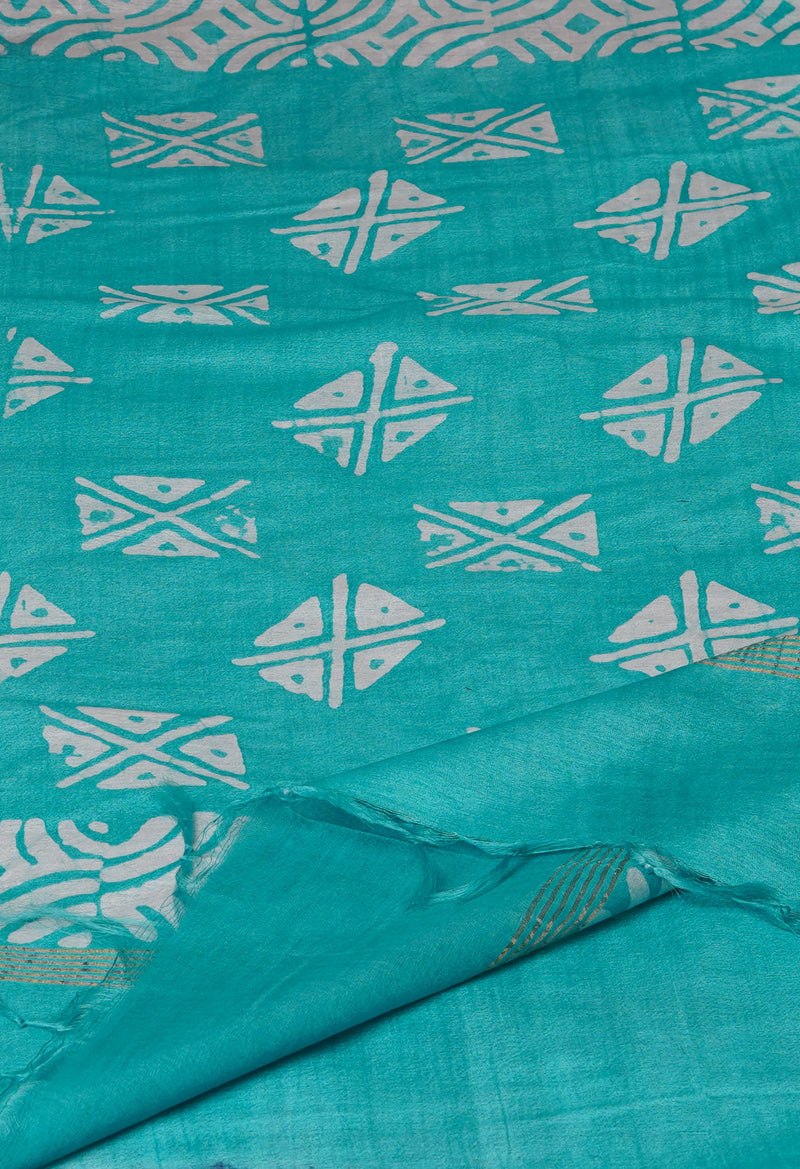 Dark GreySea Green Pure  Batik Chanderi Silk Saree-UNM70073