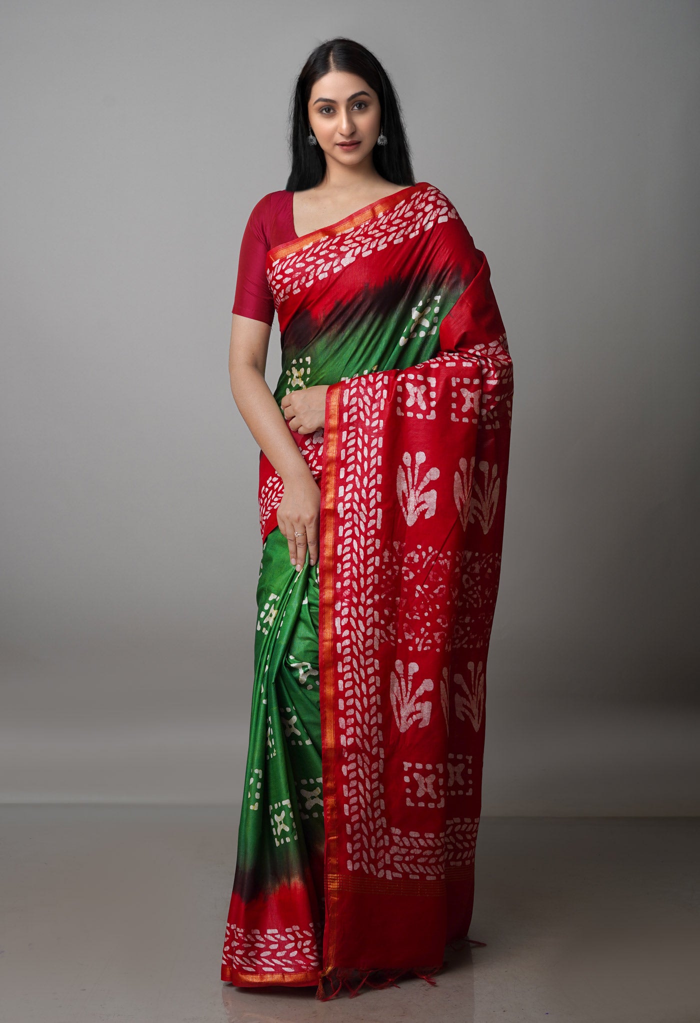 Green-Red Pure  Batik Chanderi Silk Saree-UNM70074