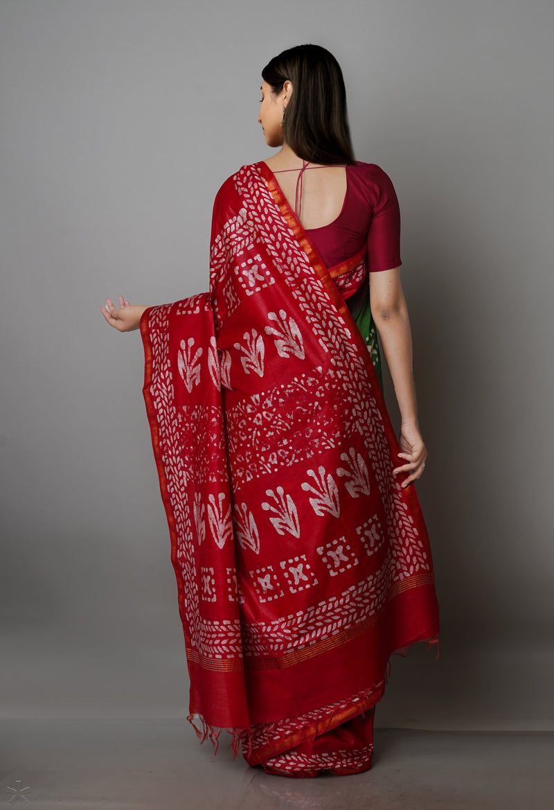 Green-Red Pure  Batik Chanderi Silk Saree-UNM70074