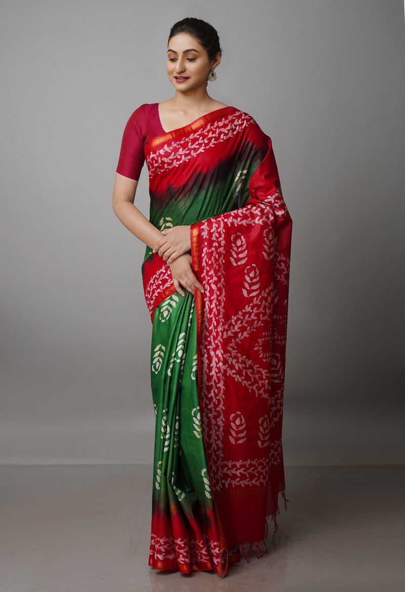 Green-Red Pure  Batik Chanderi Silk Saree-UNM70079