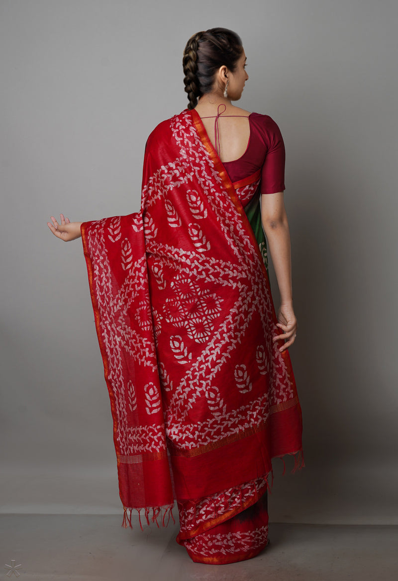 Green-Red Pure  Batik Chanderi Silk Saree-UNM70079