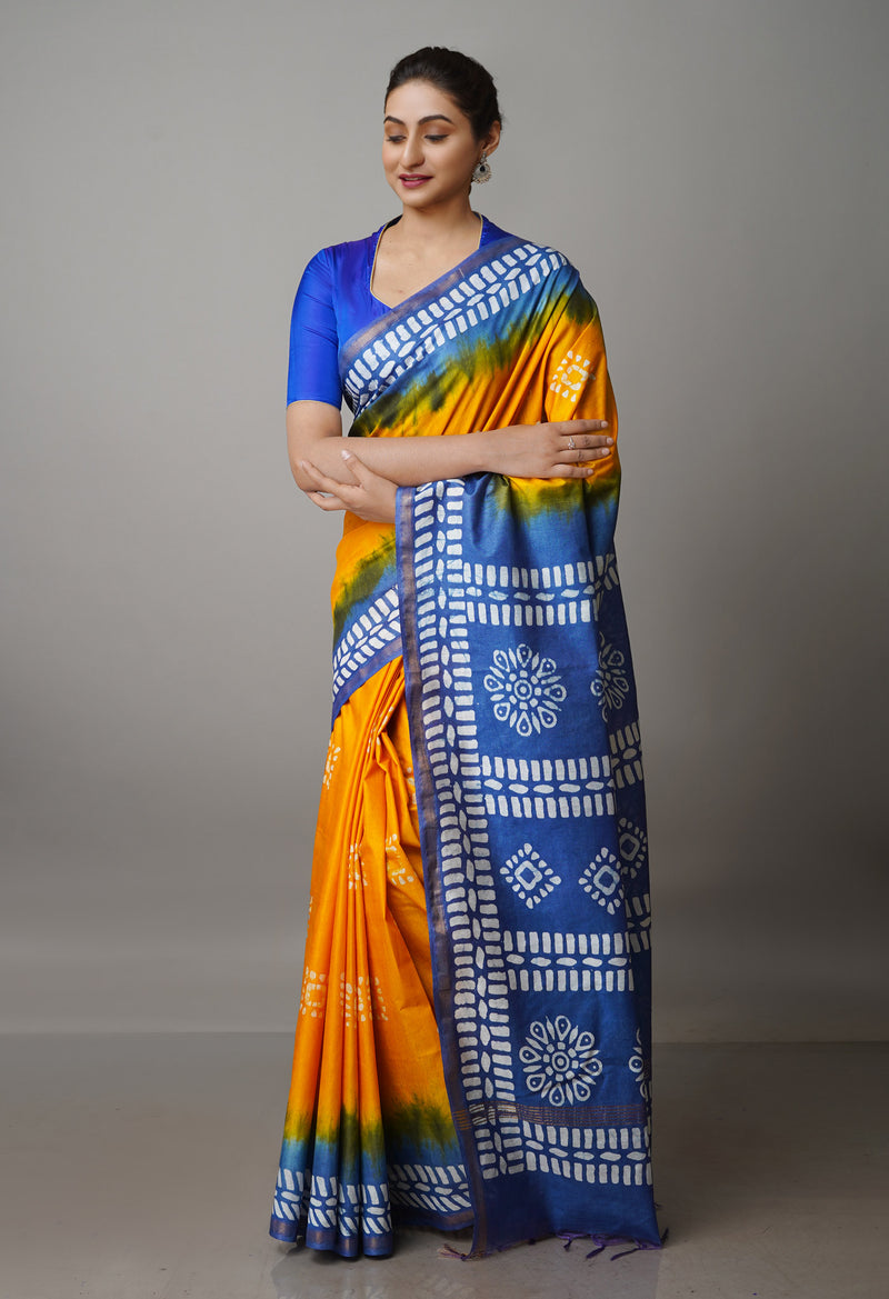 YellowSky Blue Pure  Batik Chanderi Silk Saree-UNM70081