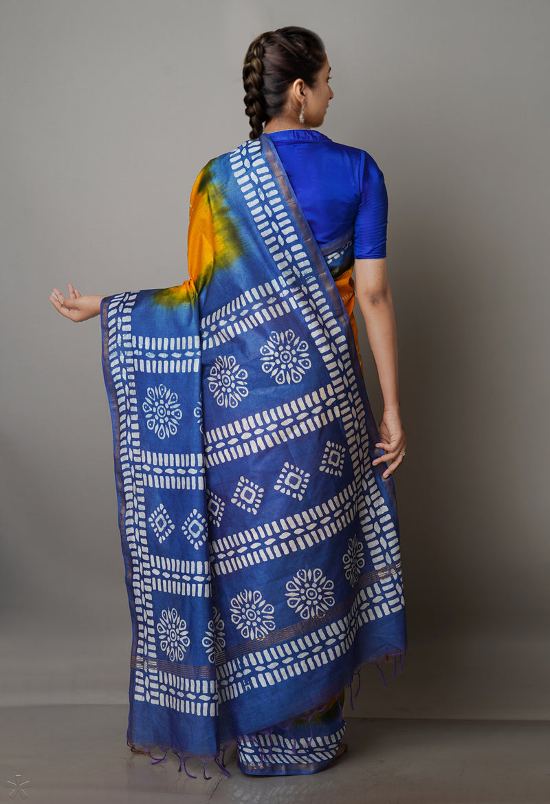 YellowSky Blue Pure  Batik Chanderi Silk Saree-UNM70081