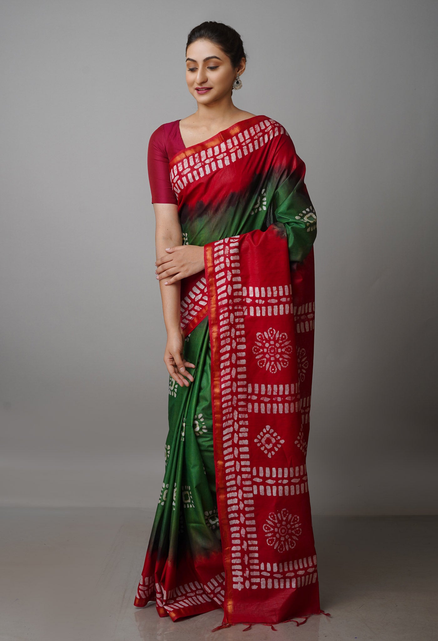 Green-Red Pure  Batik Chanderi Silk Saree-UNM70083
