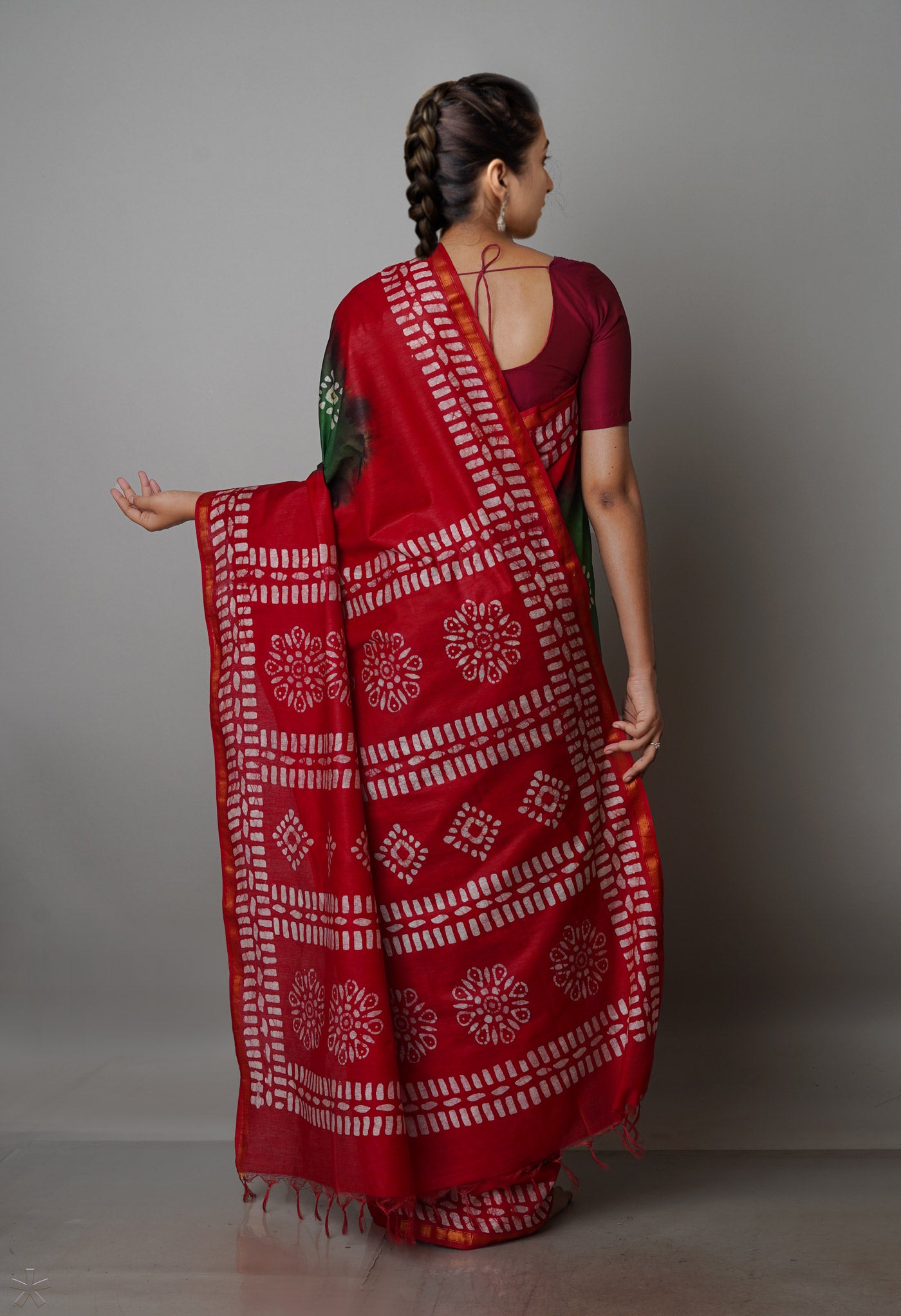 Green-Red Pure  Batik Chanderi Silk Saree-UNM70083