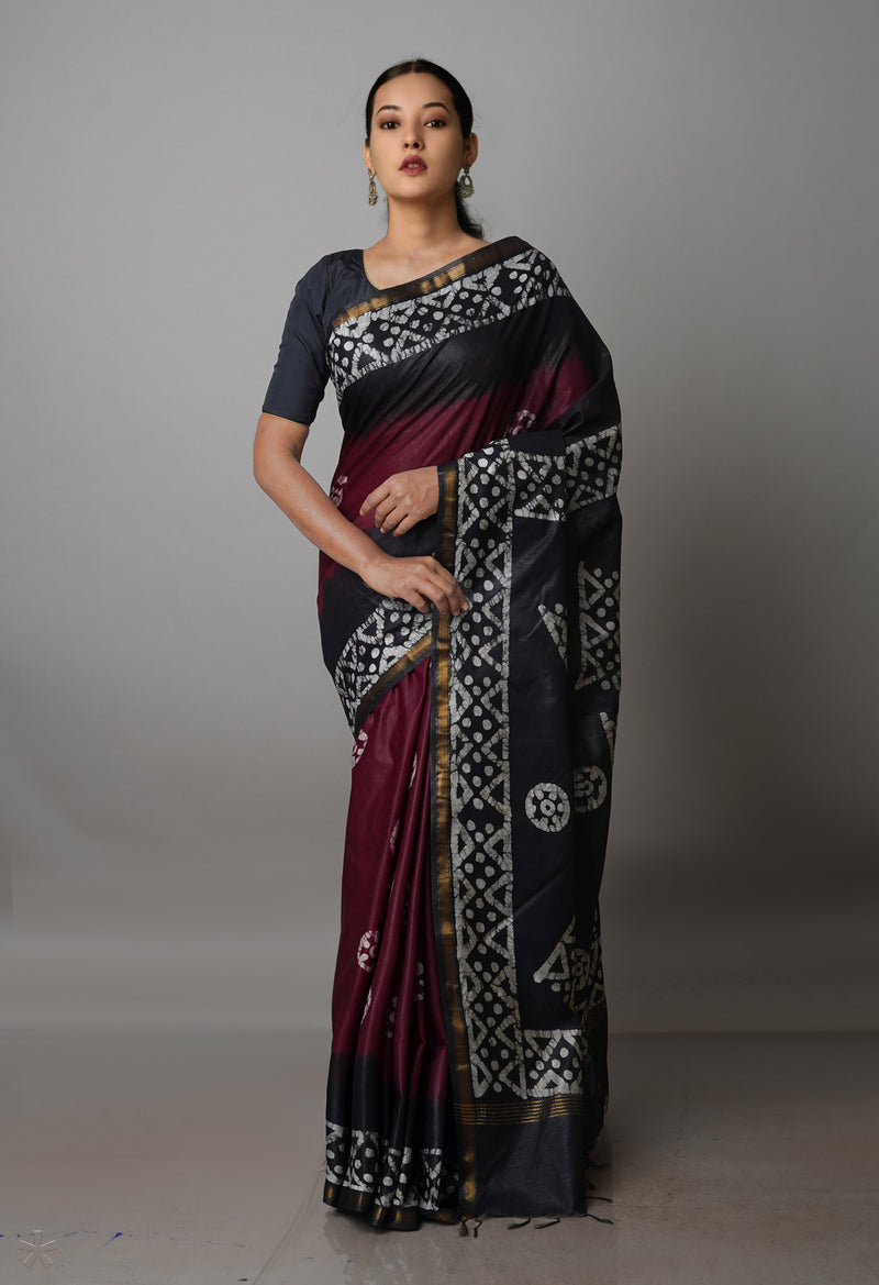 Burgundy-Black Pure  Batik Chanderi Silk Saree-UNM70085