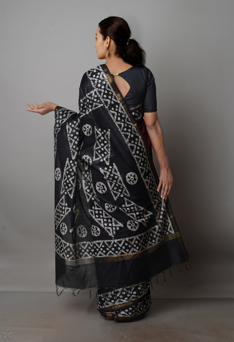 Burgundy-Black Pure  Batik Chanderi Silk Saree-UNM70085