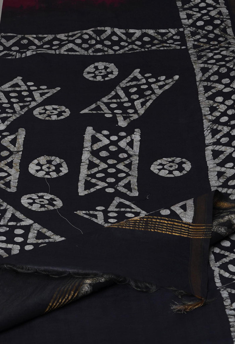 Burgundy-Black Pure  Batik Chanderi Silk Saree-UNM70085