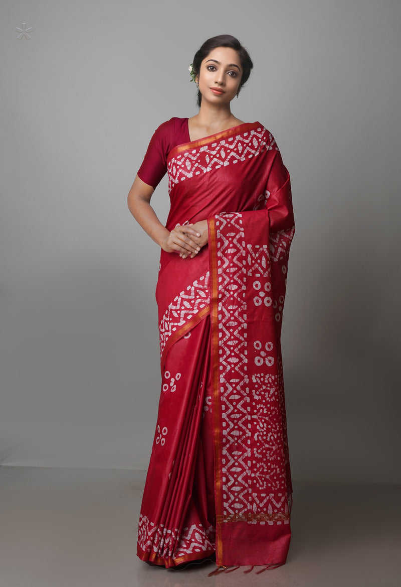 Burgundy Pure  Batik Chanderi Silk Saree-UNM70087