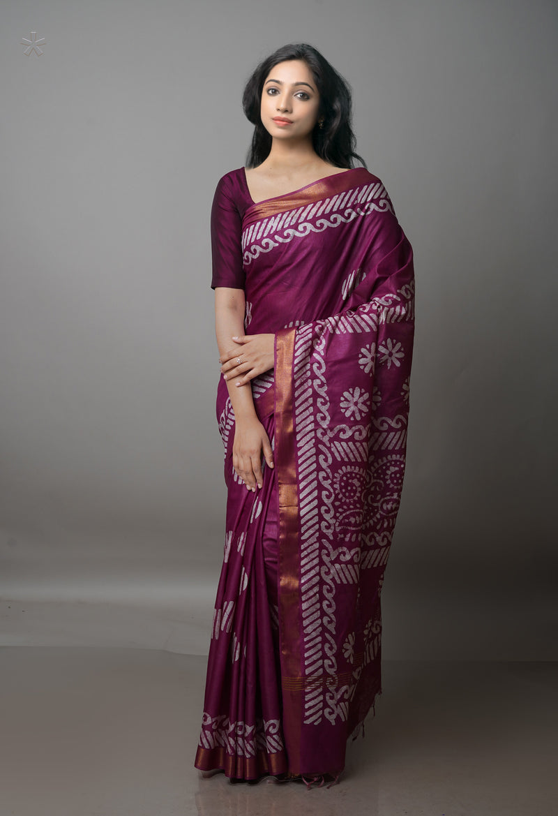 Grape Purple Pure  Batik Chanderi Silk Saree-UNM70088