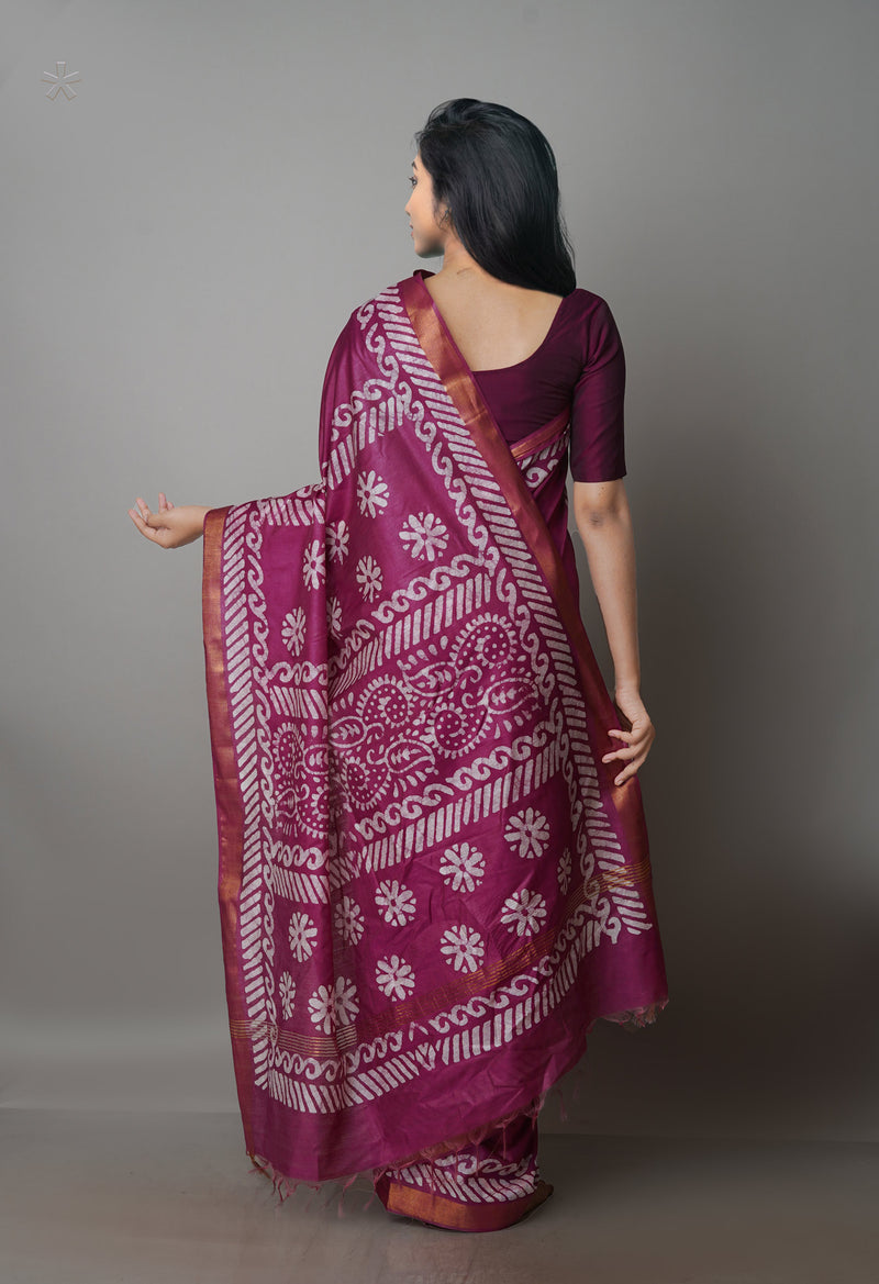 Grape Purple Pure  Batik Chanderi Silk Saree-UNM70088