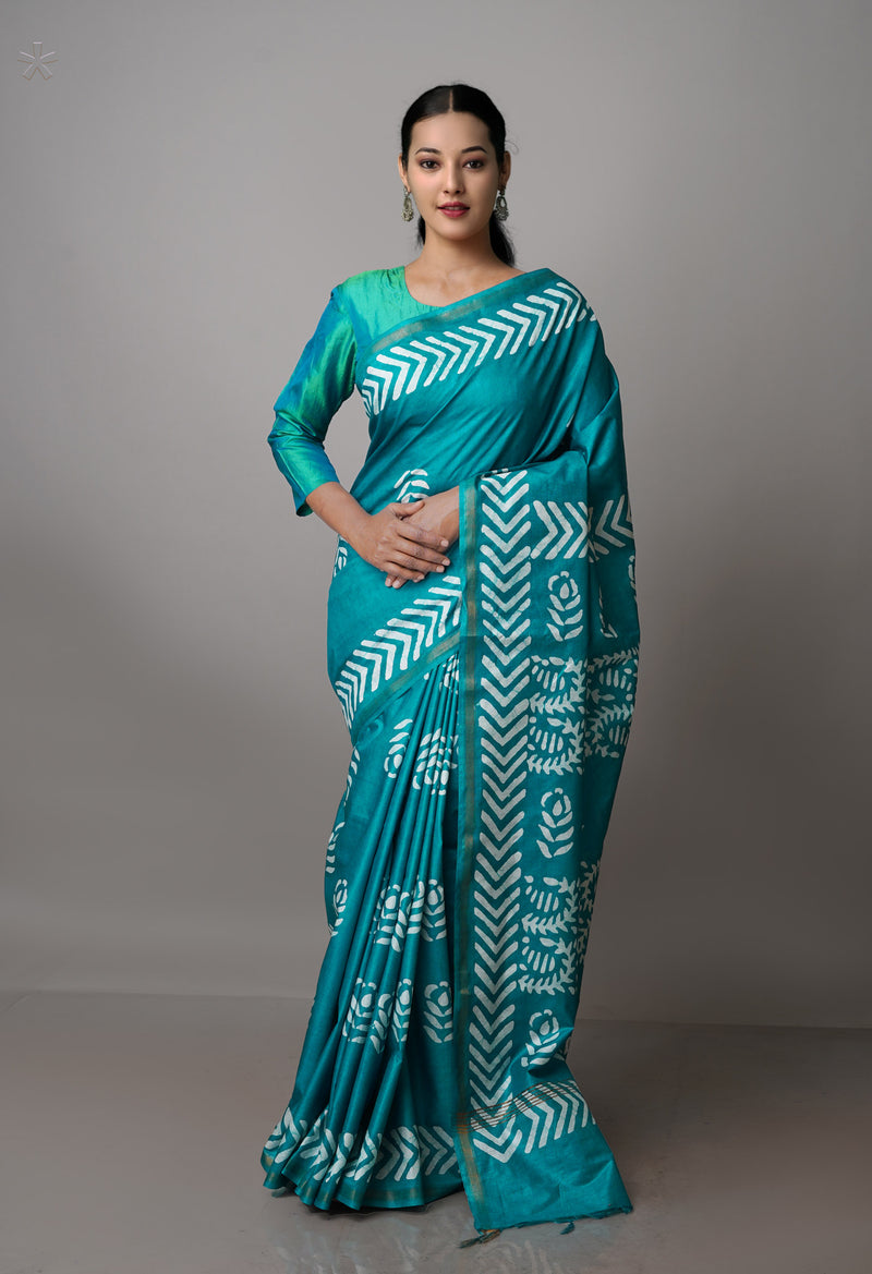 Turquoise Blue Pure  Batik Chanderi Silk Saree-UNM70089