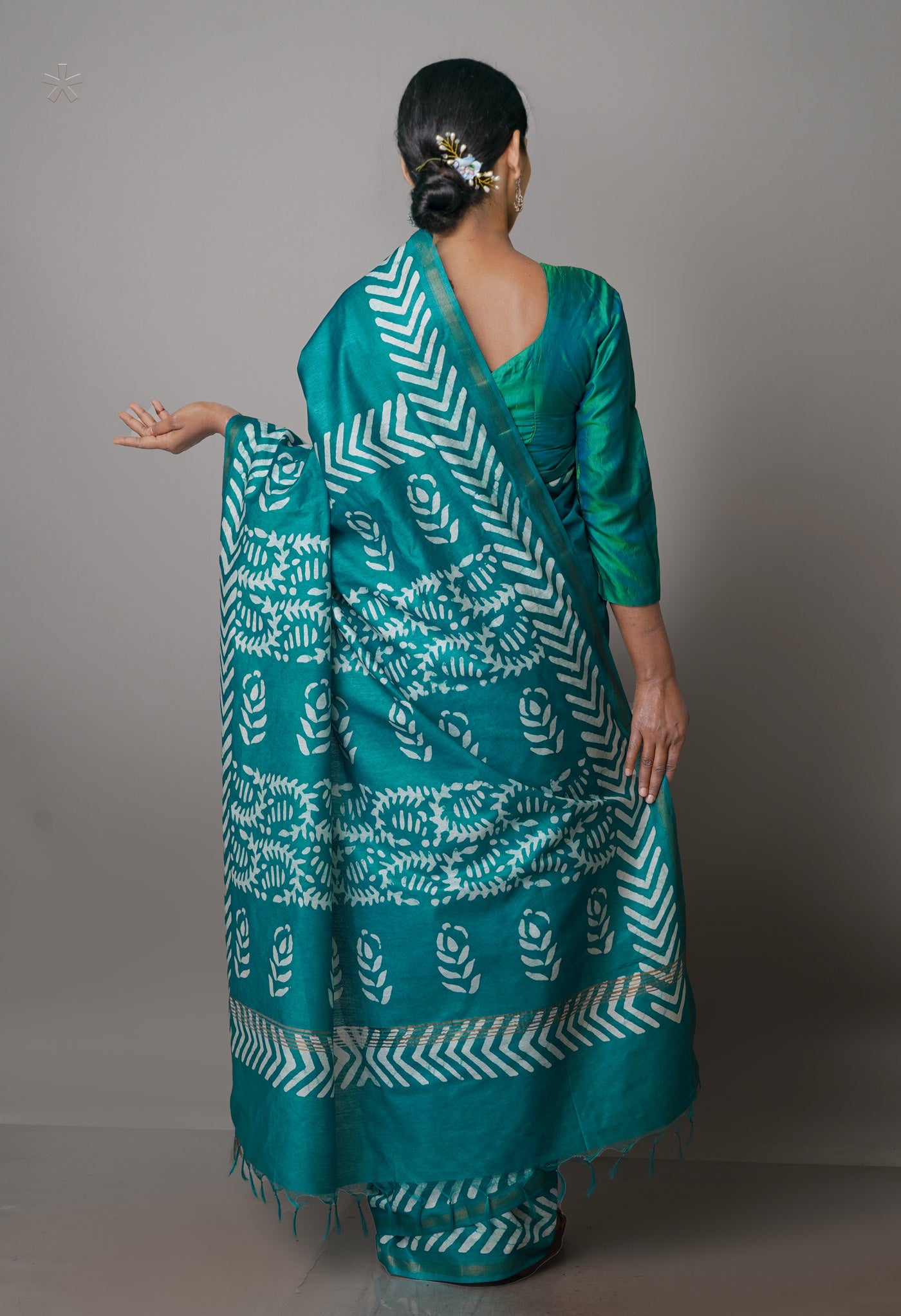 Turquoise Blue Pure  Batik Chanderi Silk Saree-UNM70089