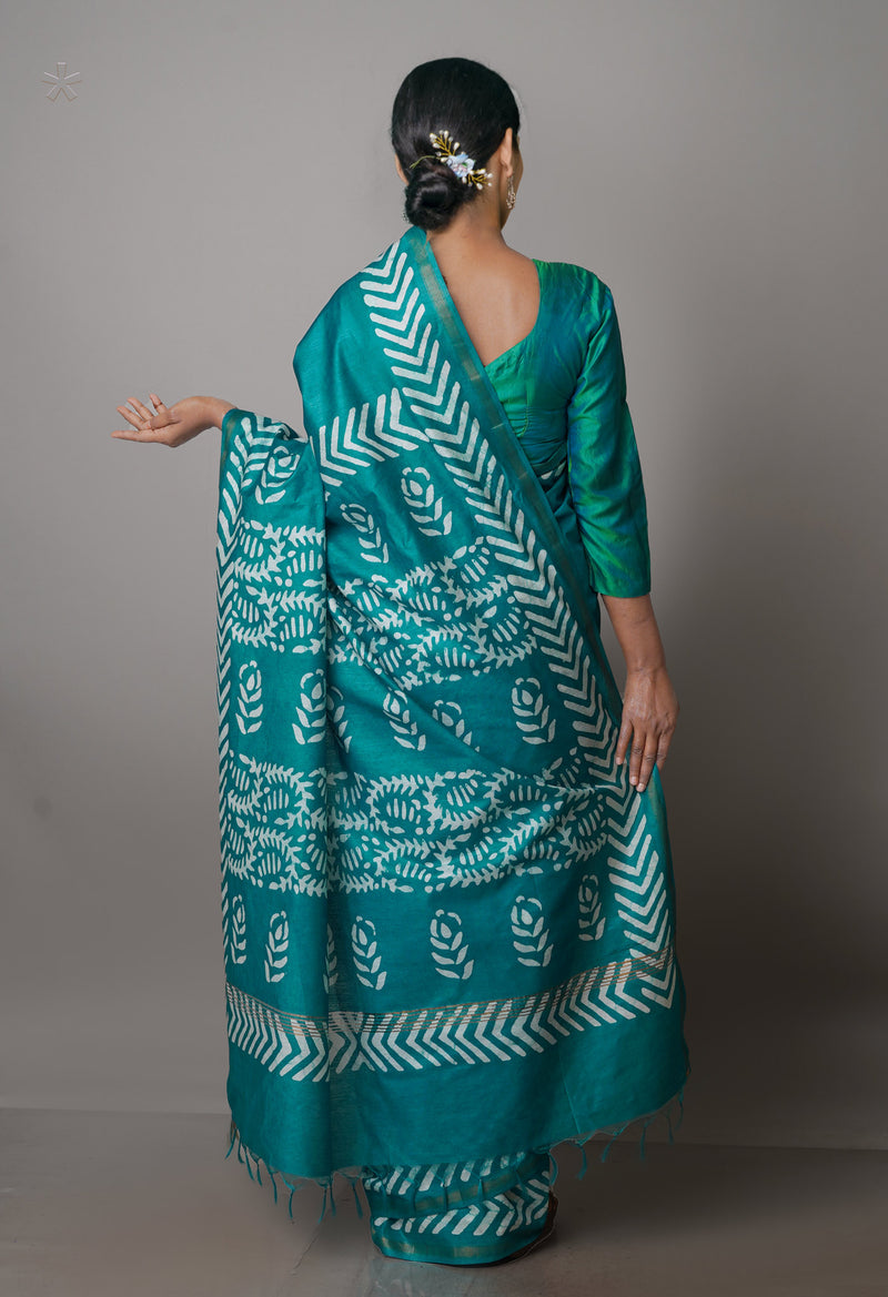 Turquoise Blue Pure  Batik Chanderi Silk Saree-UNM70089