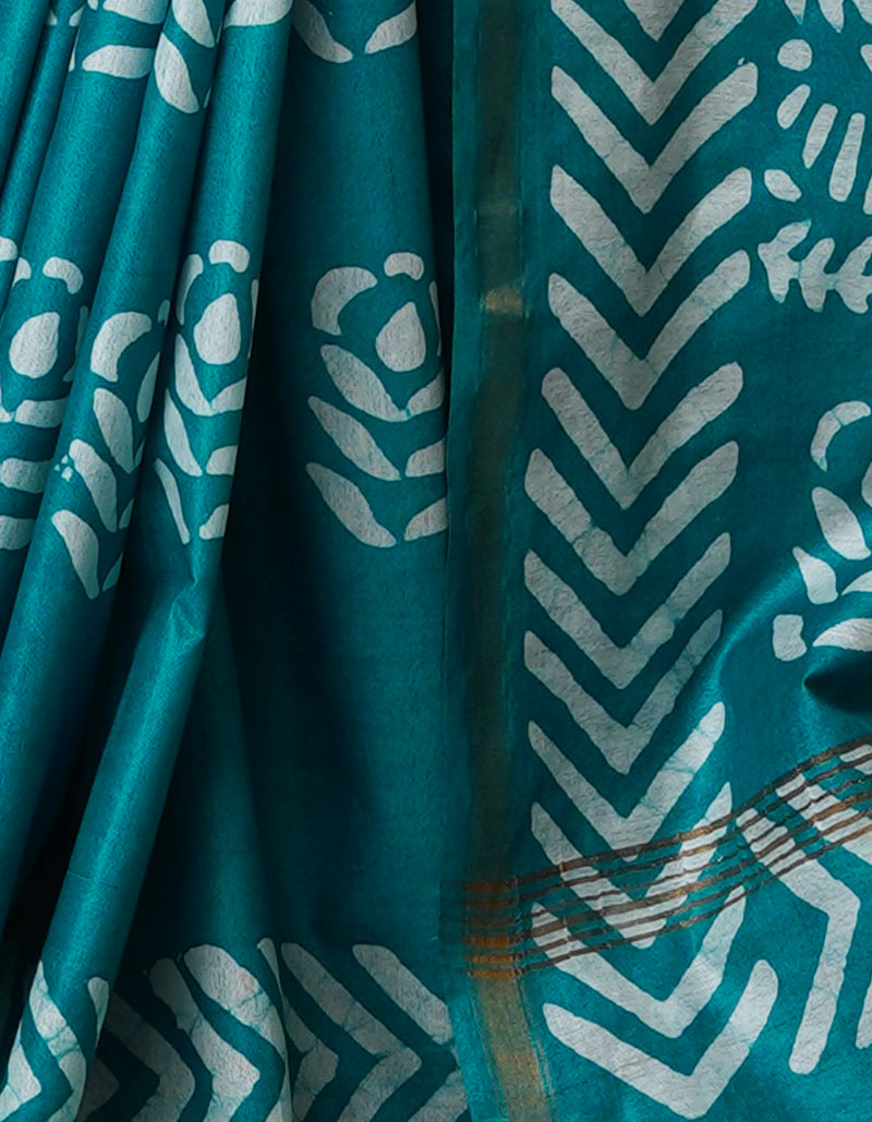 Turquoise Blue Pure  Batik Chanderi Silk Saree-UNM70089