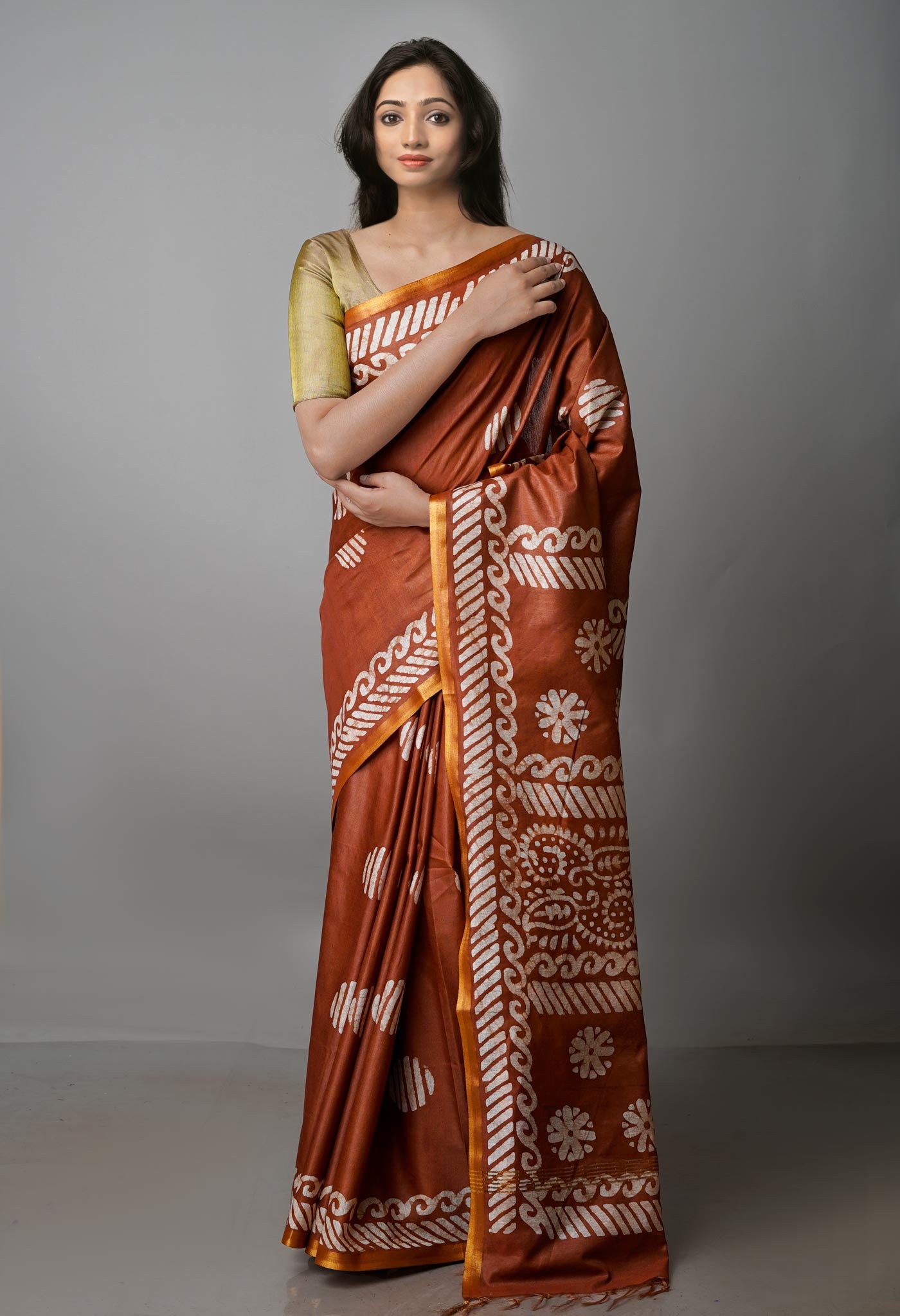 Brown Pure  Batik Chanderi Silk Saree-UNM70092