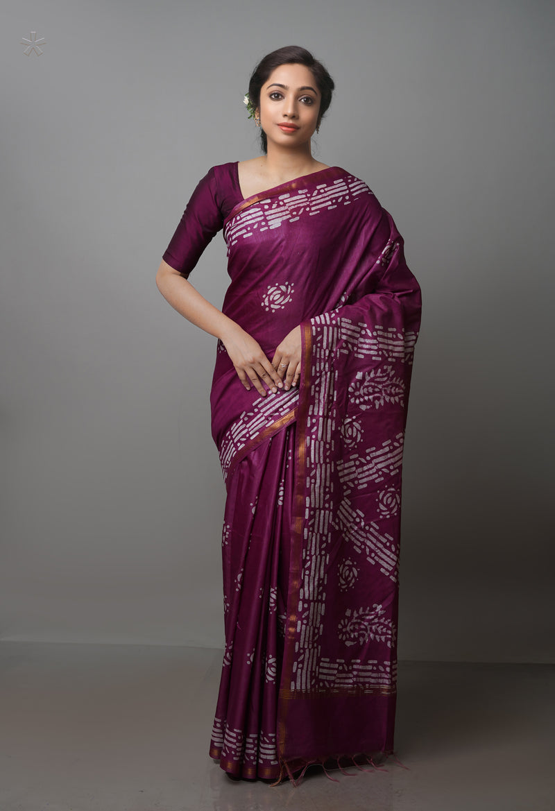 Grape Purple Pure  Batik Chanderi Silk Saree-UNM70093